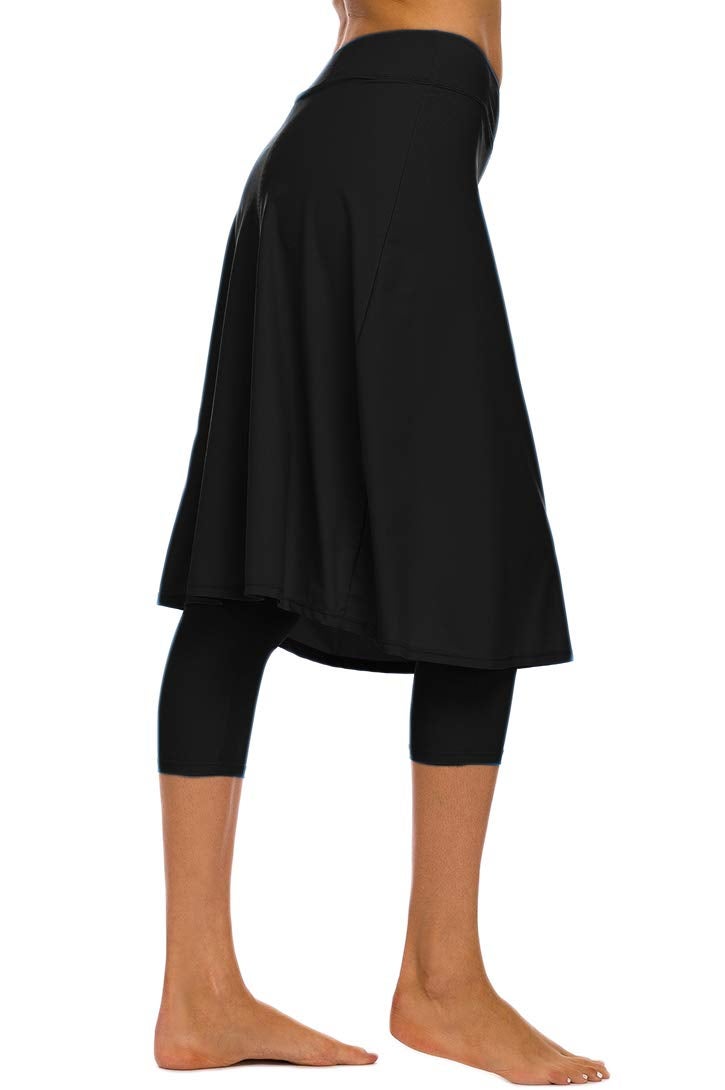 Micosuza Long Swim Skirt with Attached Leggings Modest Sun Protection Sports Skirt for Women Black - Image 2